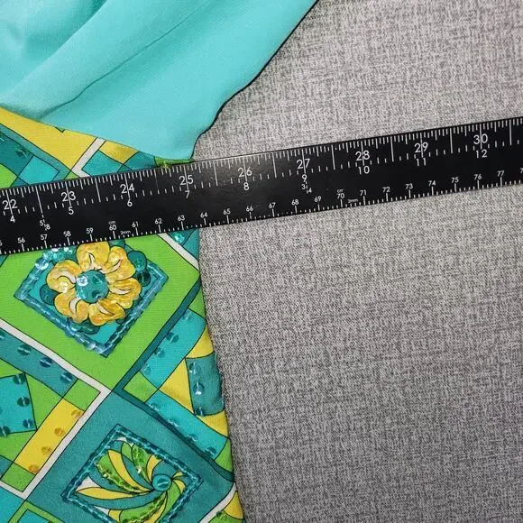 Diane Gilman Womens Blouse Top 1X Silk Sequin Art to Wear Blue Yellow Green - Picture 9 of 9